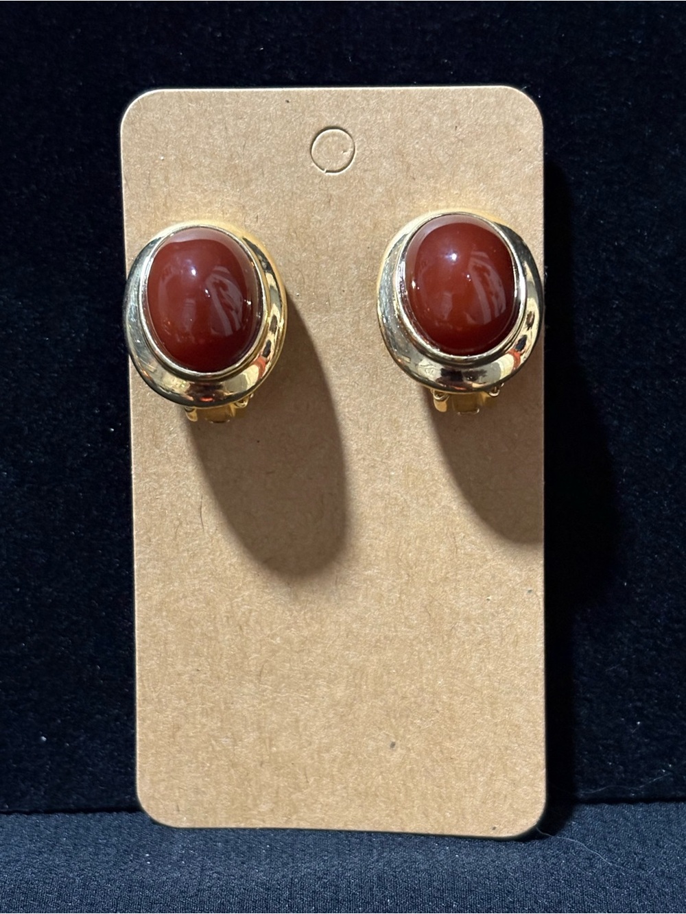 Vintage Francesca Romana Genuine Carnelian Gold Tone Clip-On Earrings